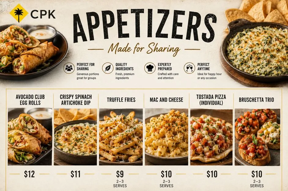 California Pizza Kitchen Menu with Prices: Complete Guide to Every Item & Cost 7 Appetizers Menu with Nutritional Details