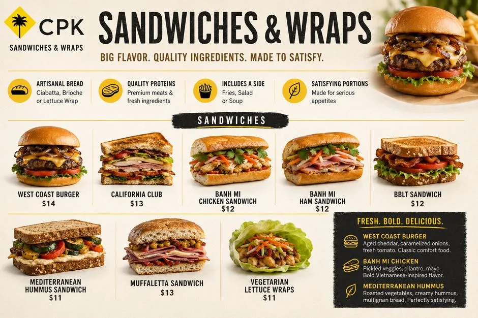 California Pizza Kitchen Menu with Prices: Complete Guide to Every Item & Cost 5 CPK Sandwiches & Wraps Menu