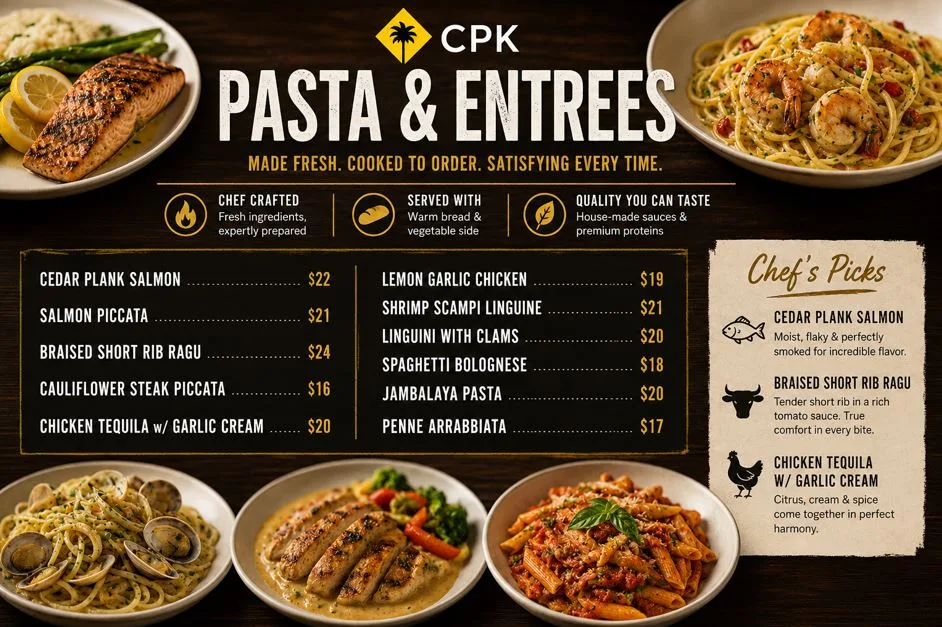 California Pizza Kitchen Menu with Prices: Complete Guide to Every Item & Cost 6 Pasta & Entrees Menu with Complete Nutrition Info