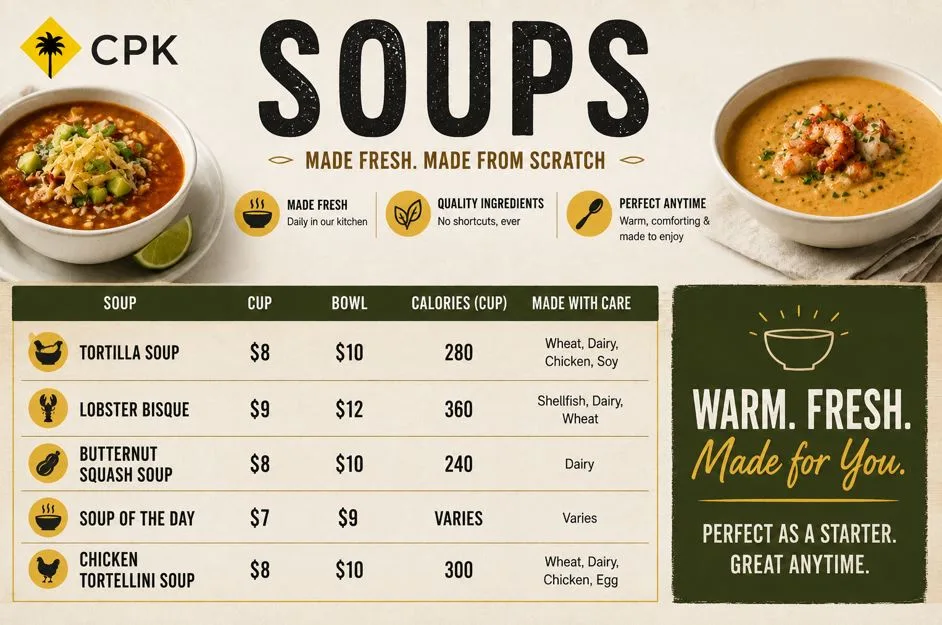 California Pizza Kitchen Menu with Prices: Complete Guide to Every Item & Cost 8 Soups Menu & Pricing