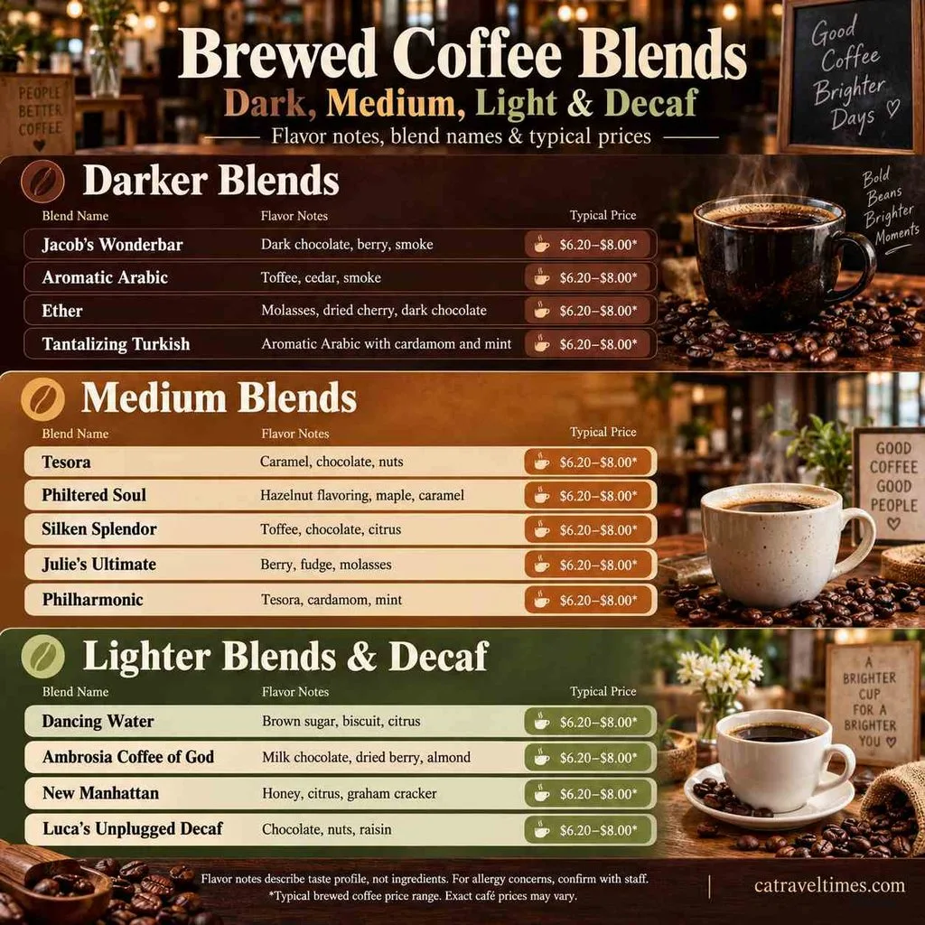 Brewed Coffee Blends Dark, Medium, Light, and Decaf