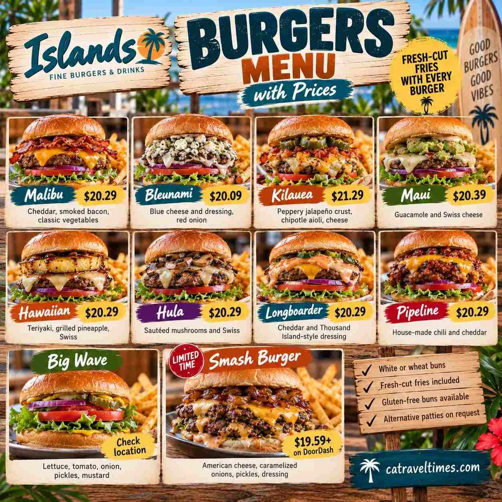 Islands Restaurant Menu California: Prices, Deals & Favorites 3 Islands Burgers Menu with Prices
