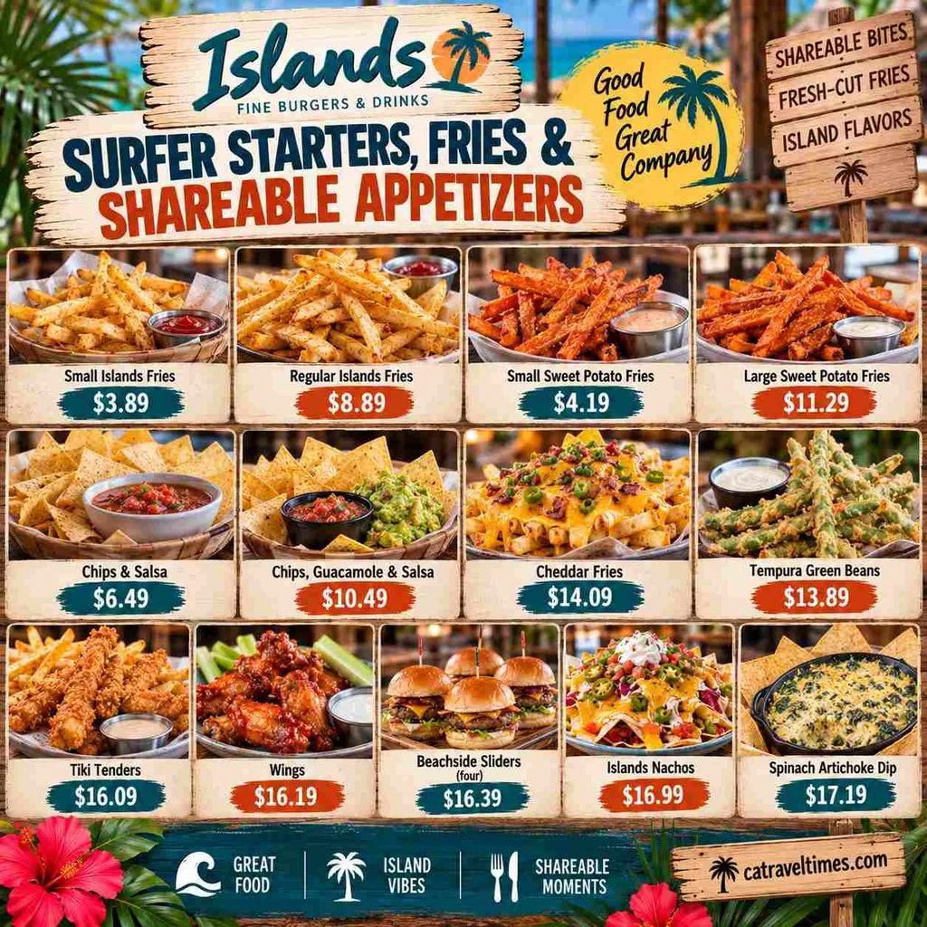 Islands Restaurant Menu California: Prices, Deals & Favorites 4 Surfer Starters, Fries & Shareable Appetizers